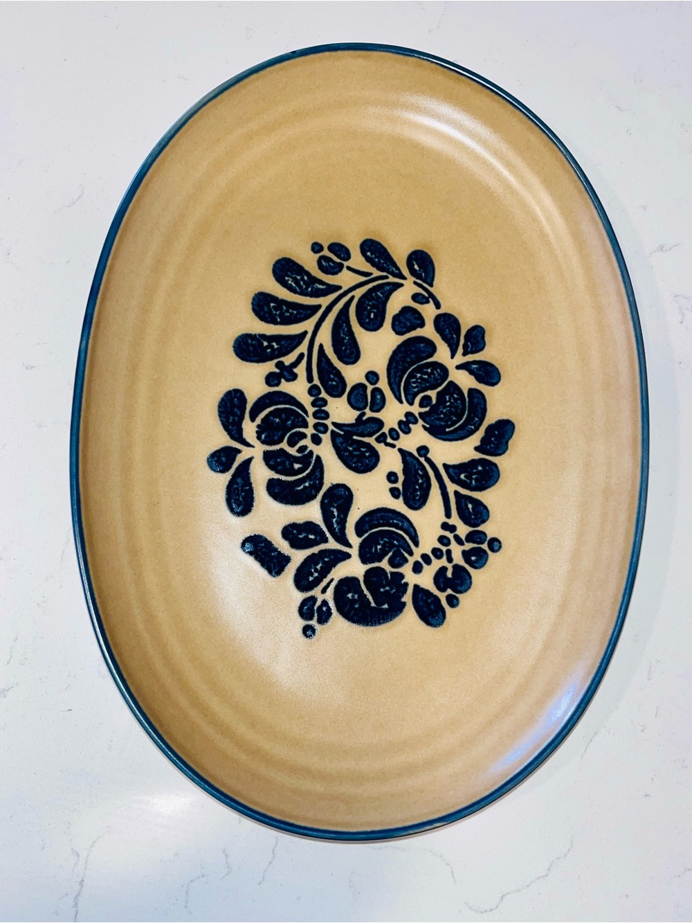 PFALTZGRAFF FOLK ART OVAL SERVING PLATTER 12” STONEWARE BEIGE NAVY BLUE